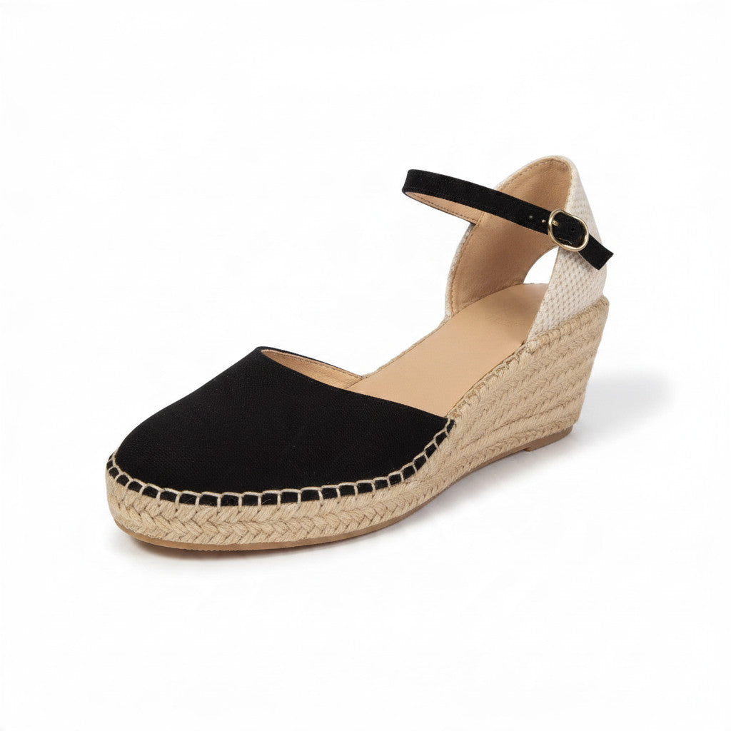 Espadrille compensée Arsène noire, bride à la cheville, semelle en corde