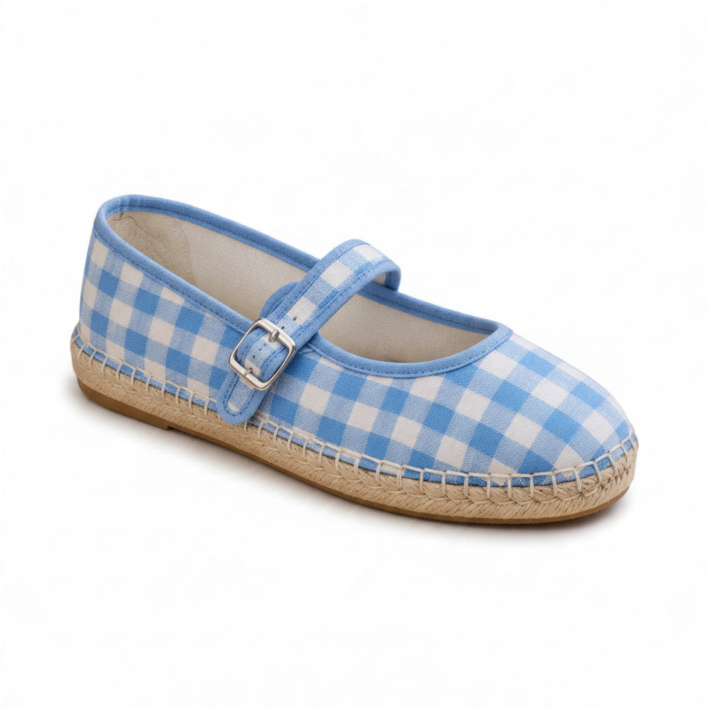 Ballerine Bayonne en vichy bleu ciel, bride à boucle, semelle en corde