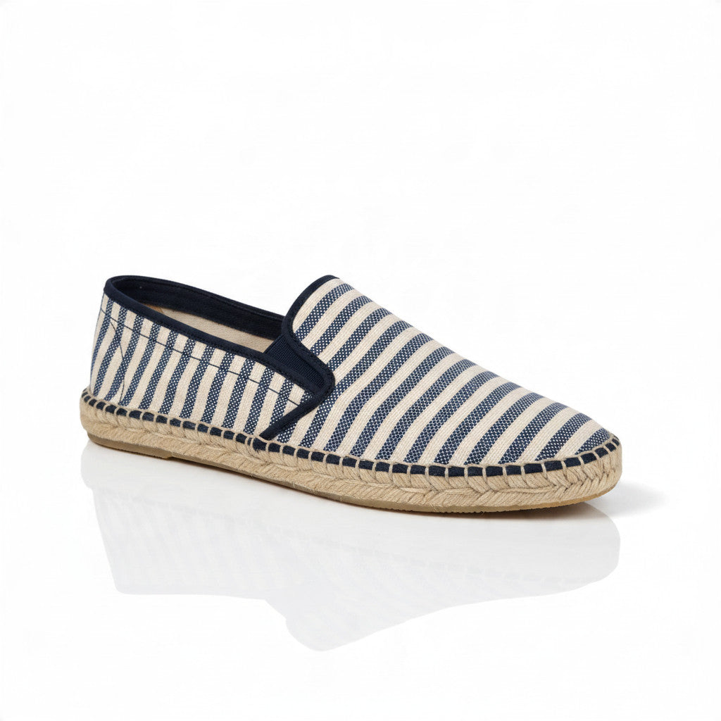 Espadrille plate Donibane rayée marine et écru, élastiques sur le côté, semelle en corde